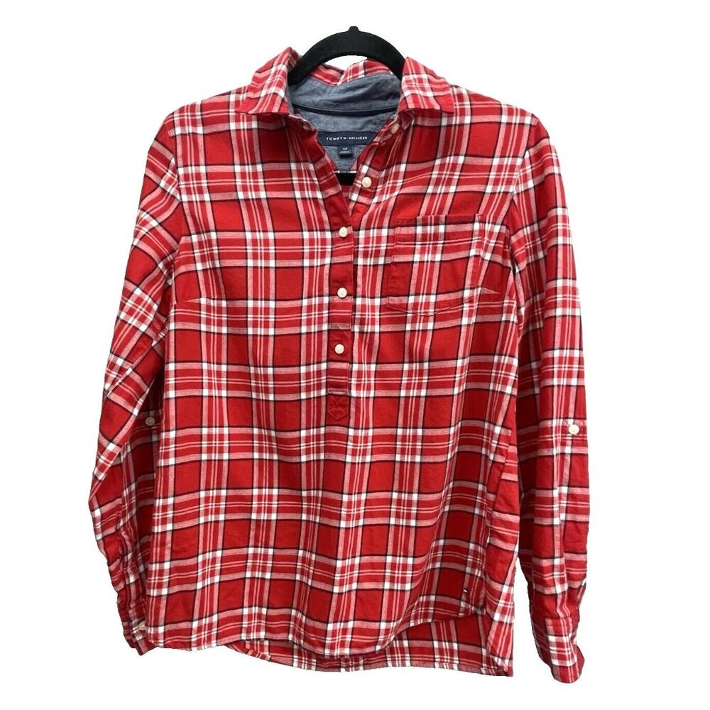 TOMMY HILFIGER Women's Flannel  Size S/P Red and white plaid button down Shirt